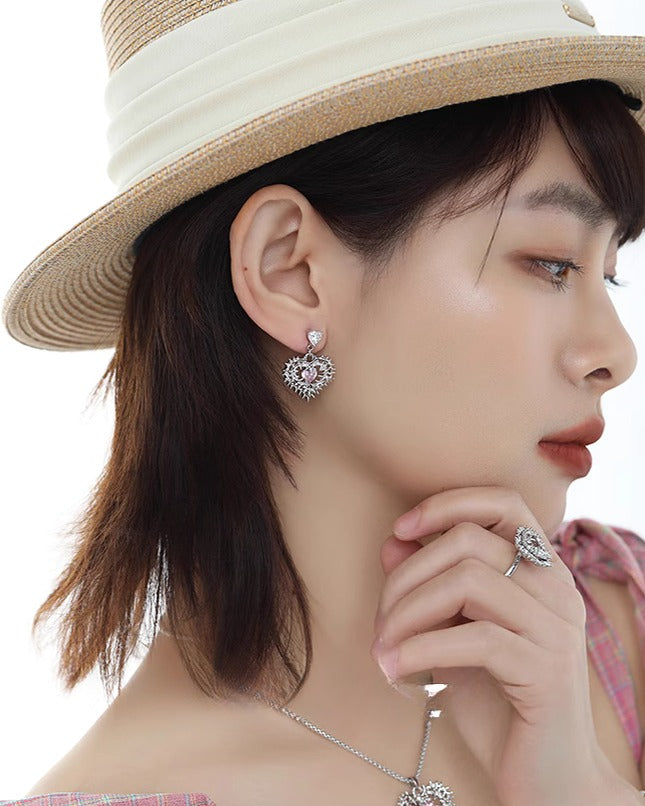 Pink Heart Spiked Thorn Asymmetrical Earrings