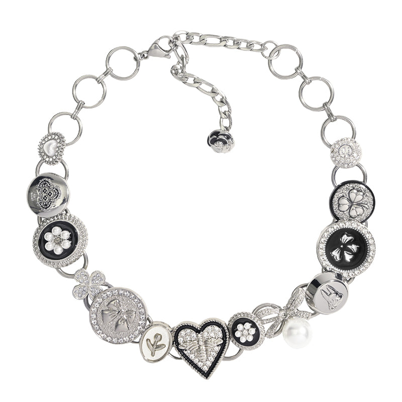 【Planktont】Black&Silver Button Necklace pg208