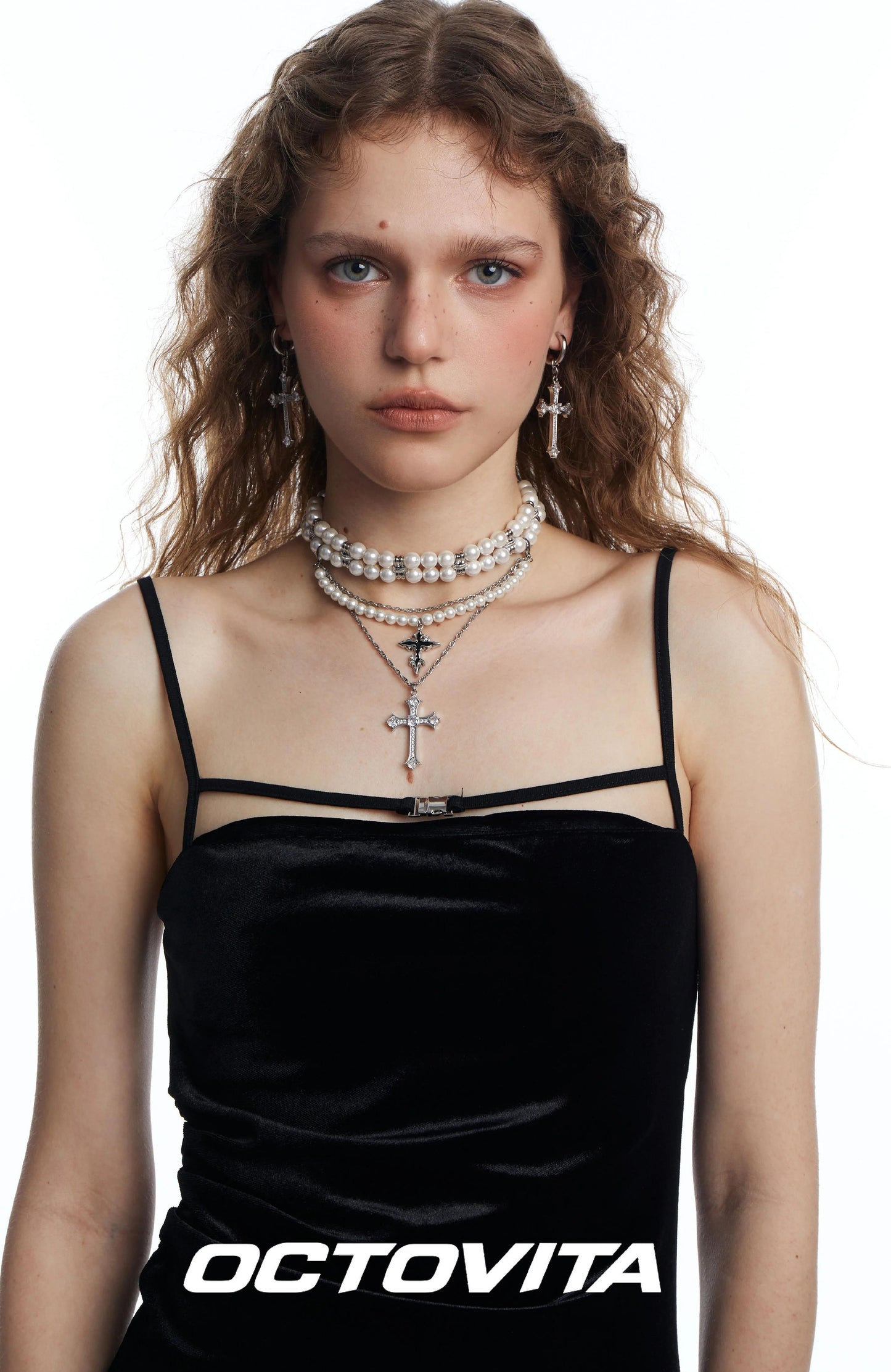 Triple Layer Pearl Cross Necklace