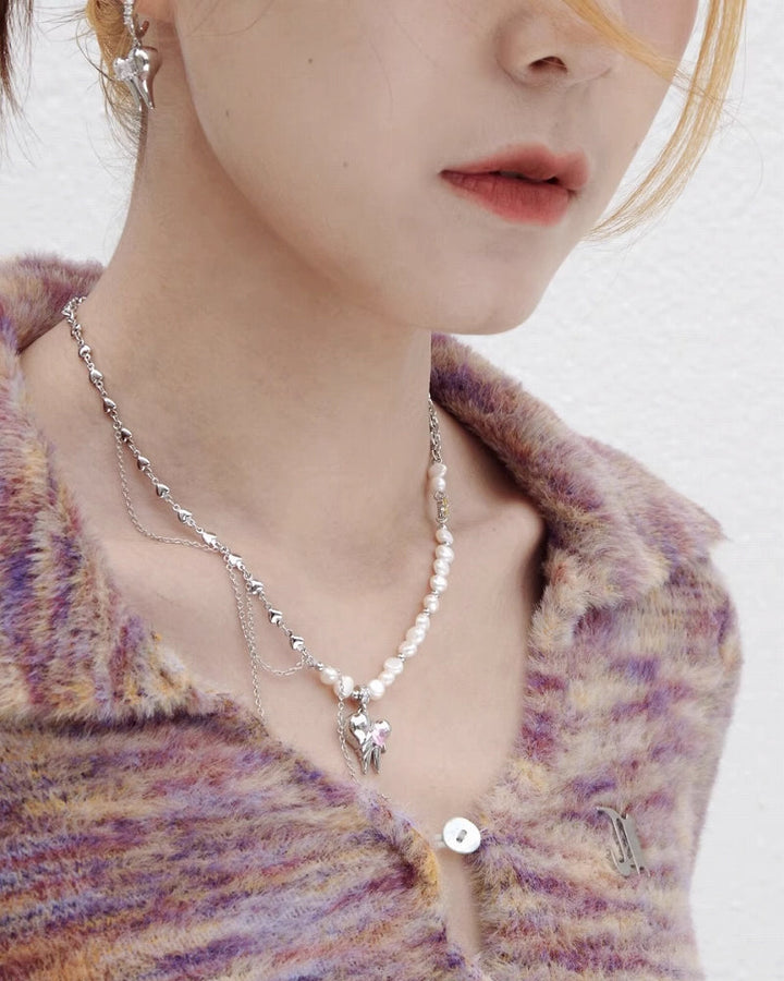 【Esak∞chi】Cool Teeth Tassel Heart Necklace pg452