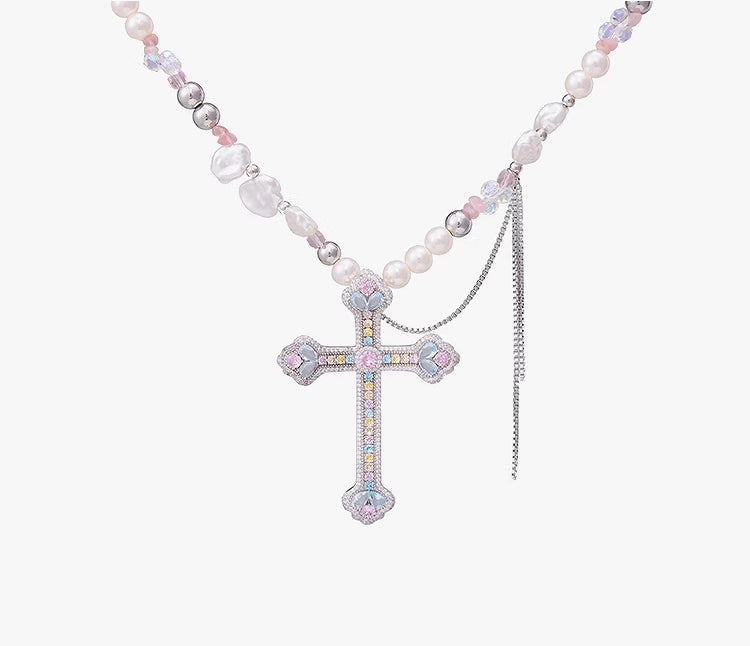 【SUMIYAKI】Full Diamond Cross Pearl Necklace pg856