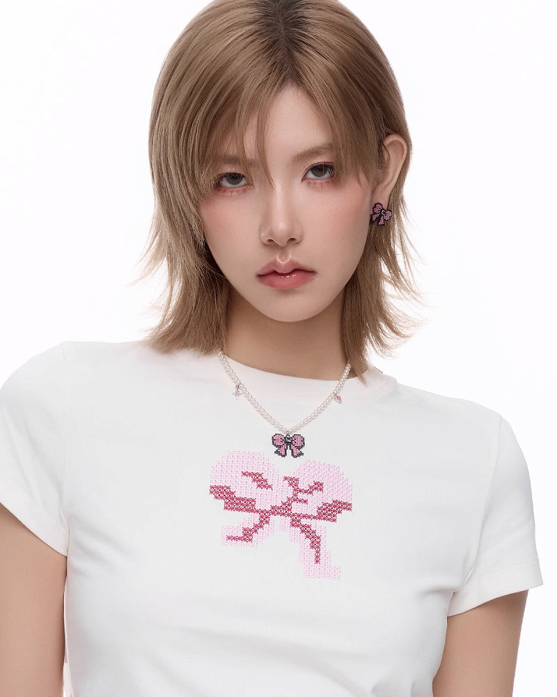 Pixel Bow Pearl Necklace