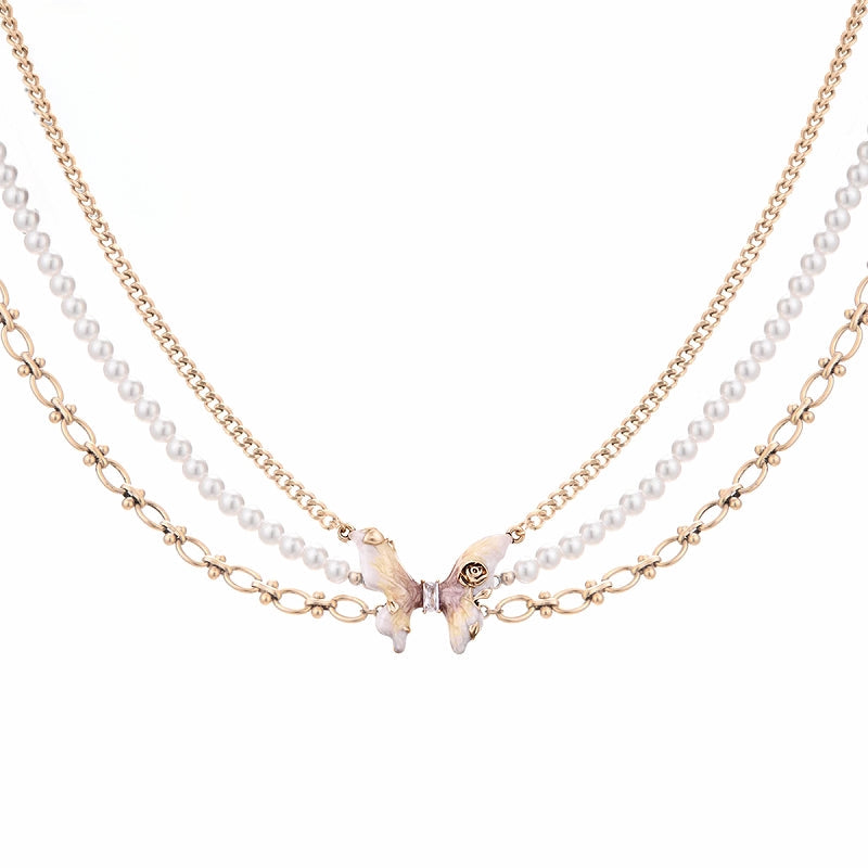 【SUMIYAKI】Butterfly Rose Pearl Layer Necklace pg343