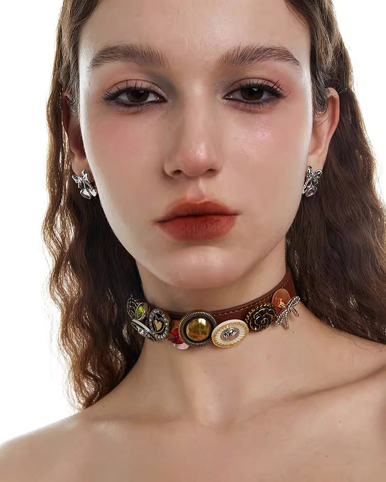 [OCTO VITA] Leather Rose Orange Button Choker pg1069