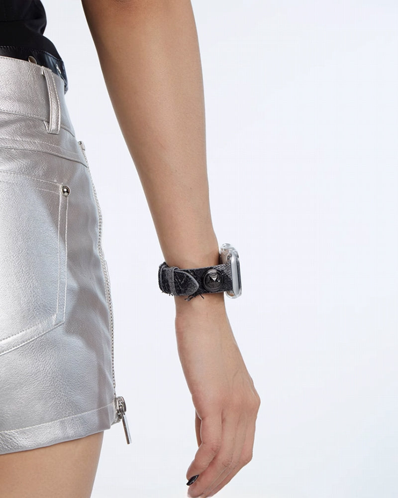 [OCTO VITA] Black Leather Leopard Apple Watch Strap pg194