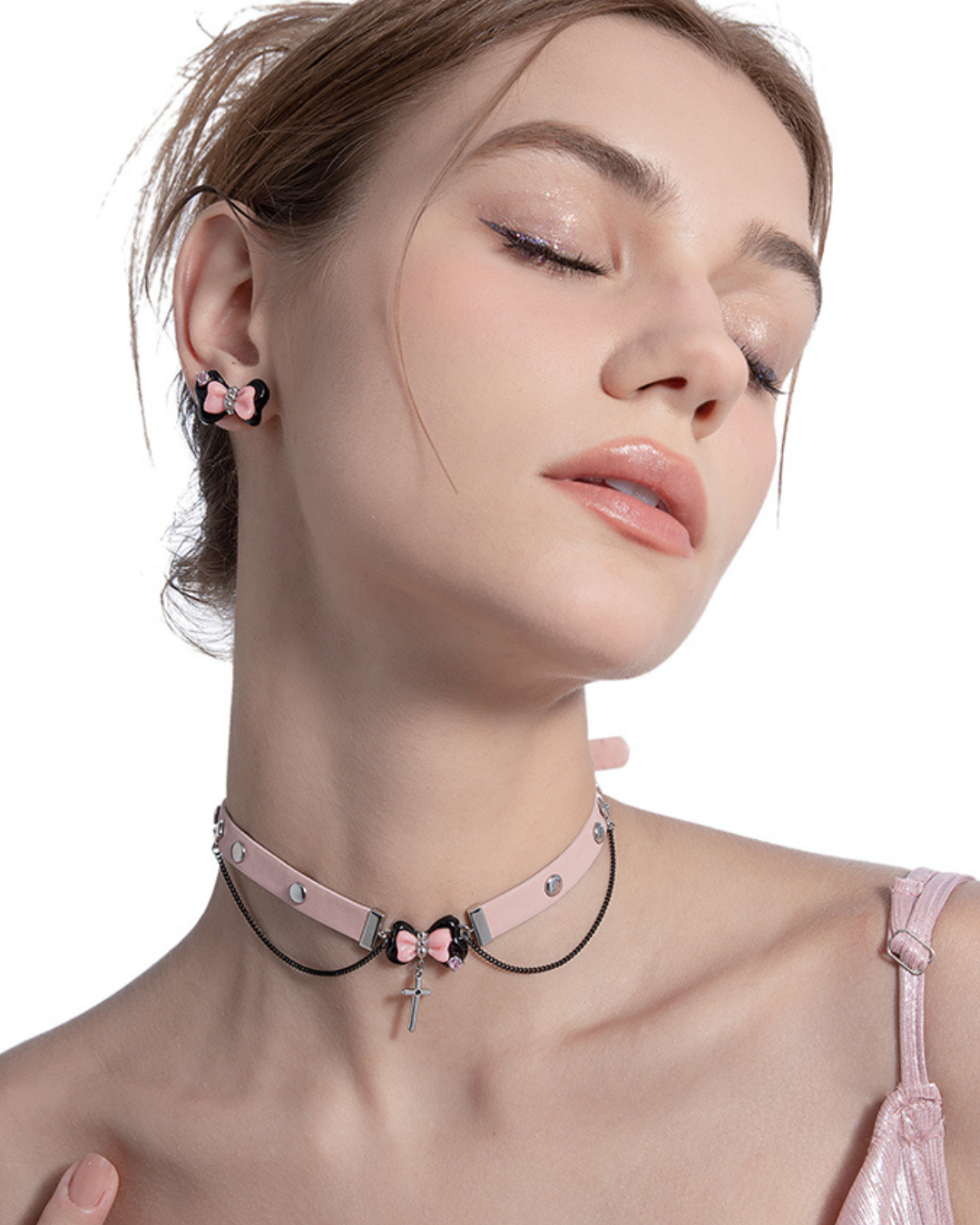 【MASW】Black＆Pink Bow Cross Choker pg209