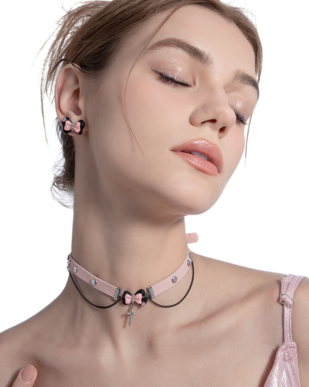 [MASW] Black & Pink Bow Cross Choker pg209