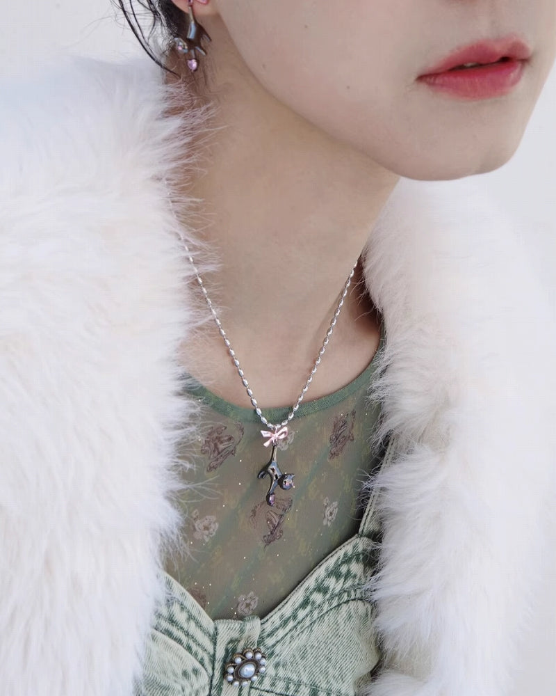 【Esak∞chi】Black Cat Pink Bow Necklace pg165