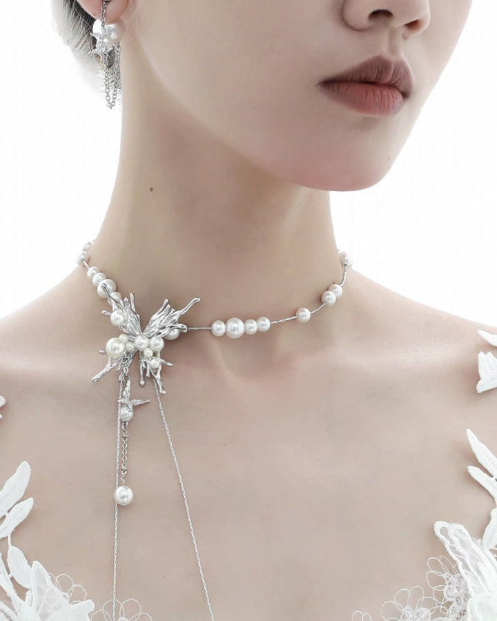 [1ST XULIE] Butterfly Bubble Pearl Tassel Necklace pg249