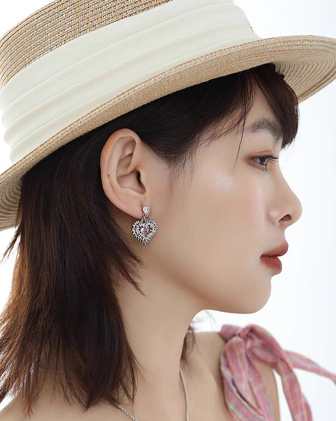 Pink Heart Spiked Thorn Asymmetrical Earrings
