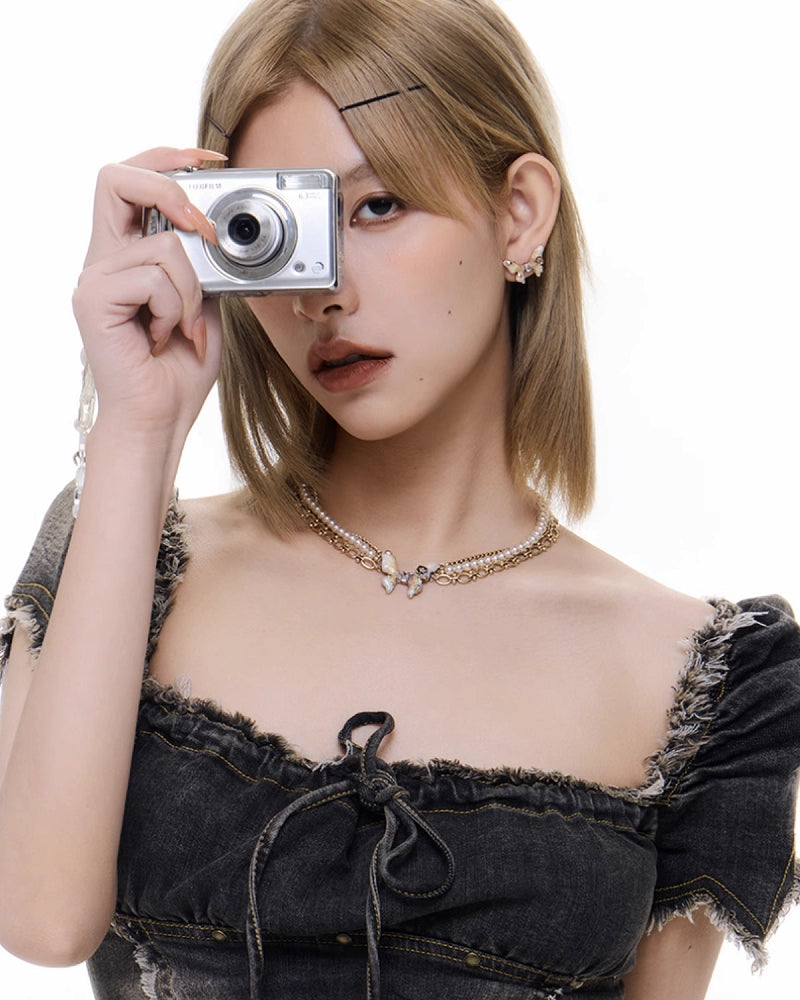 [SUMIYAKI] Butterfly Rose Layer Necklace pg341