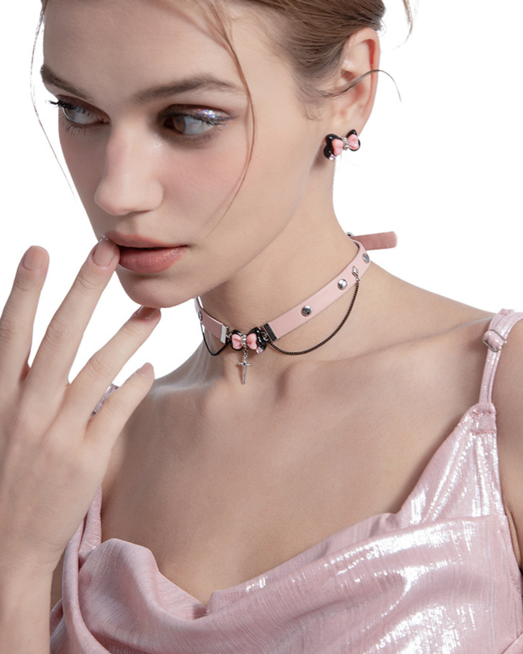 【MASW】Black＆Pink Bow Cross Choker pg209