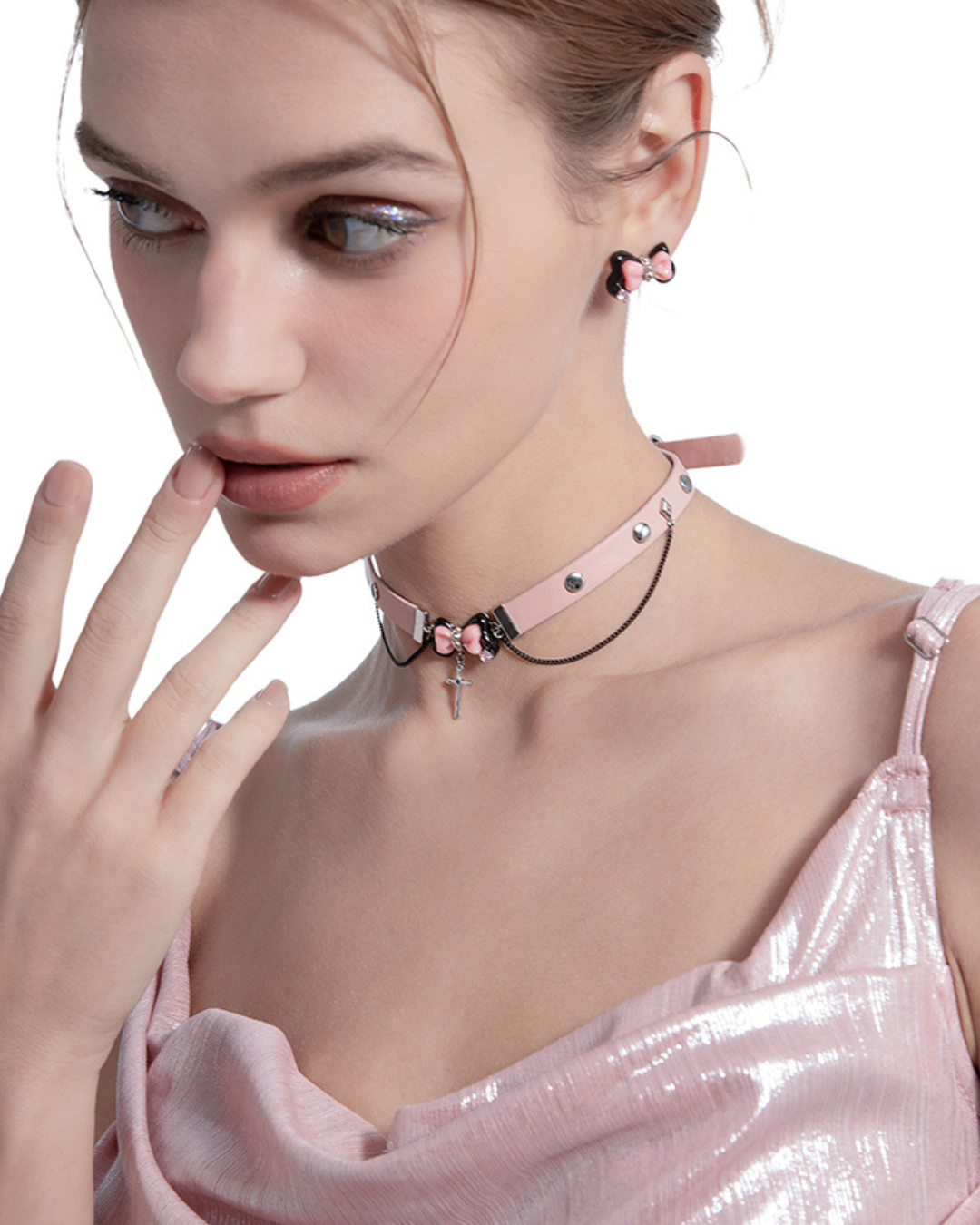 [MASW] Black & Pink Bow Cross Choker pg209