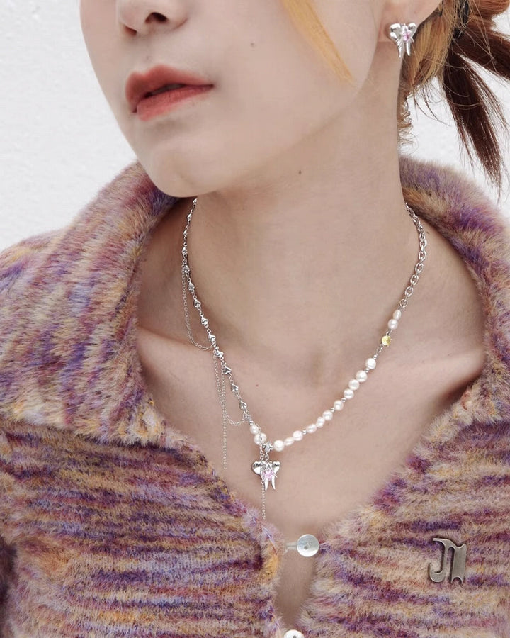 【Esak∞chi】Cool Teeth Tassel Heart Necklace pg452