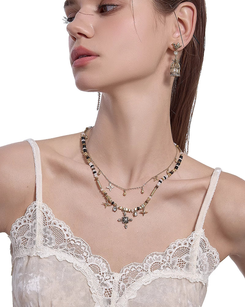 [MASW] Nostalgia Beaded Cross Layer Necklace pg1278