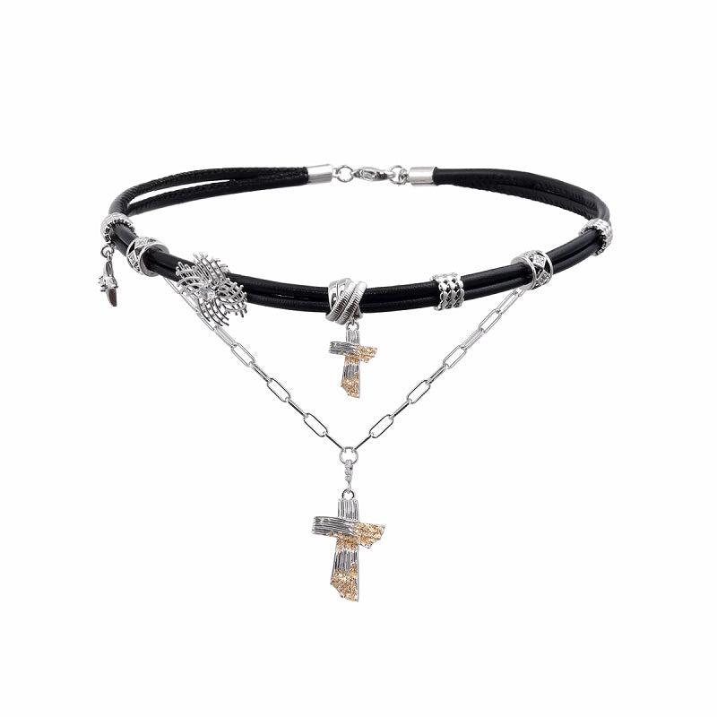 【SUMIYAKI】Gold Foil Ashes Cross Double Leather Necklace pg902