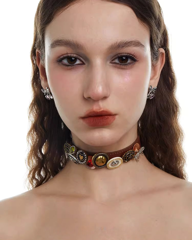 [OCTO VITA] Leather Rose Orange Button Choker pg1069