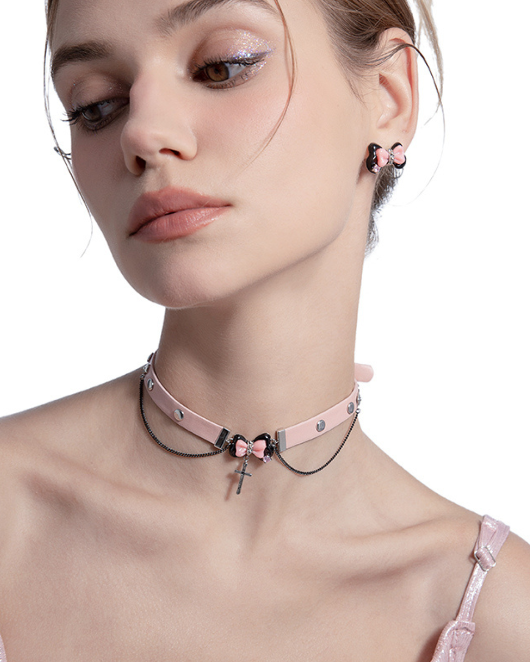 [MASW] Black & Pink Bow Cross Choker pg209