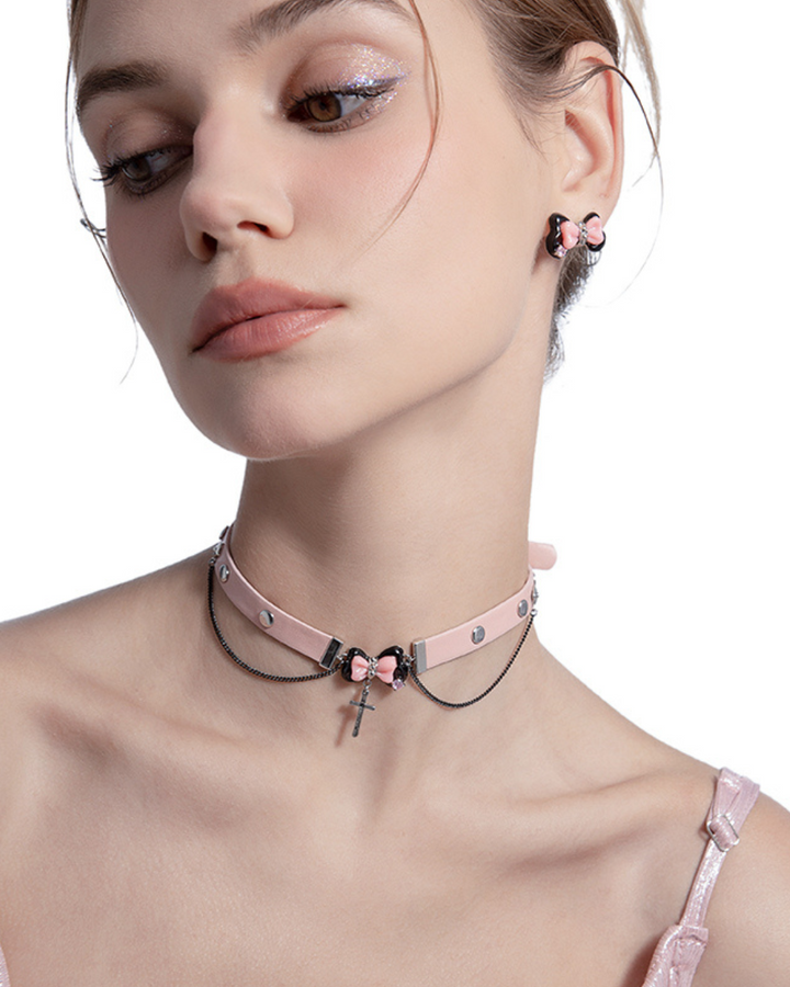 【MASW】Black＆Pink Bow Cross Choker pg209