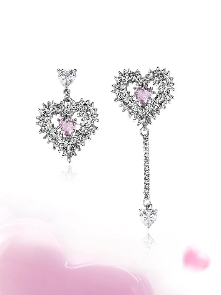 Pink Heart Spiked Thorn Asymmetrical Earrings