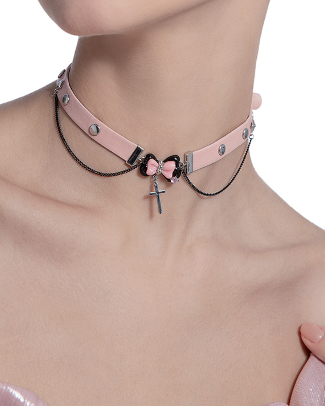 【MASW】Black＆Pink Bow Cross Choker pg209