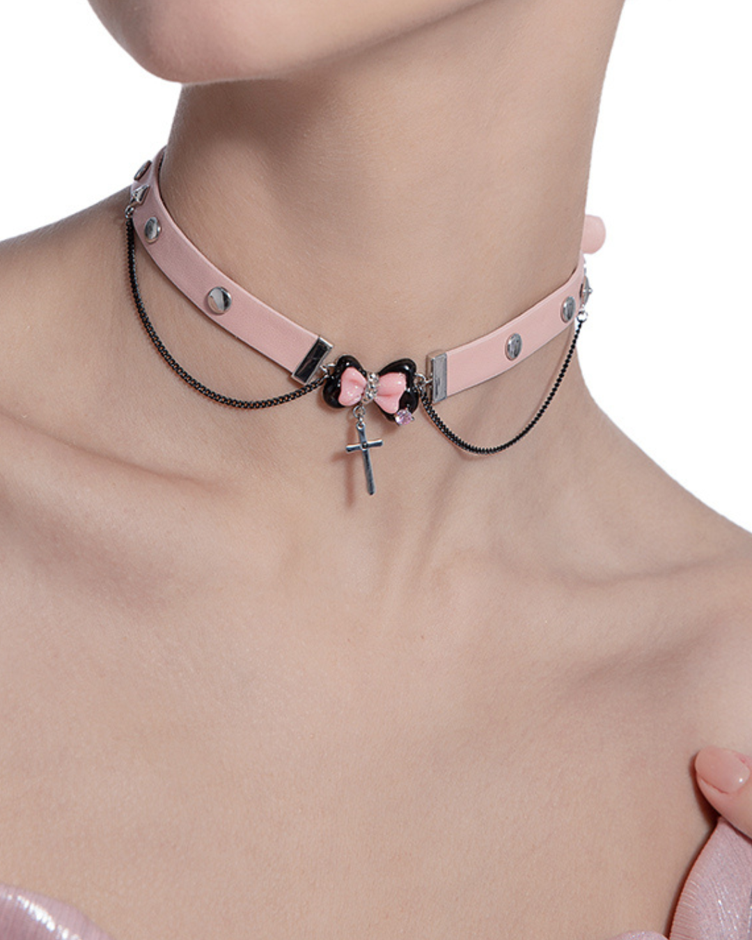 [MASW] Black & Pink Bow Cross Choker pg209
