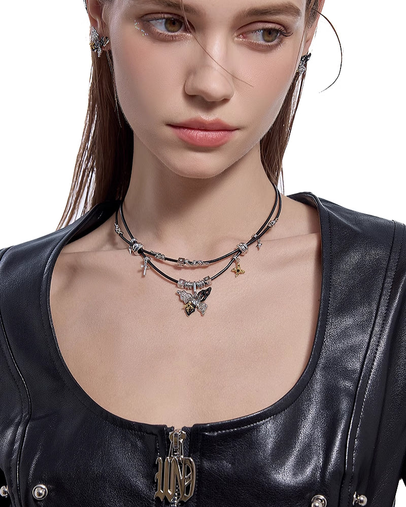 【MASW】Butterfly Dance Black Leather Necklace pg259