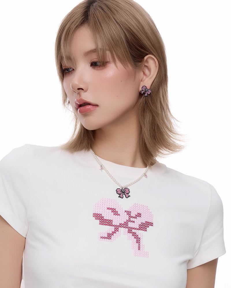Pixel Bow Pearl Necklace