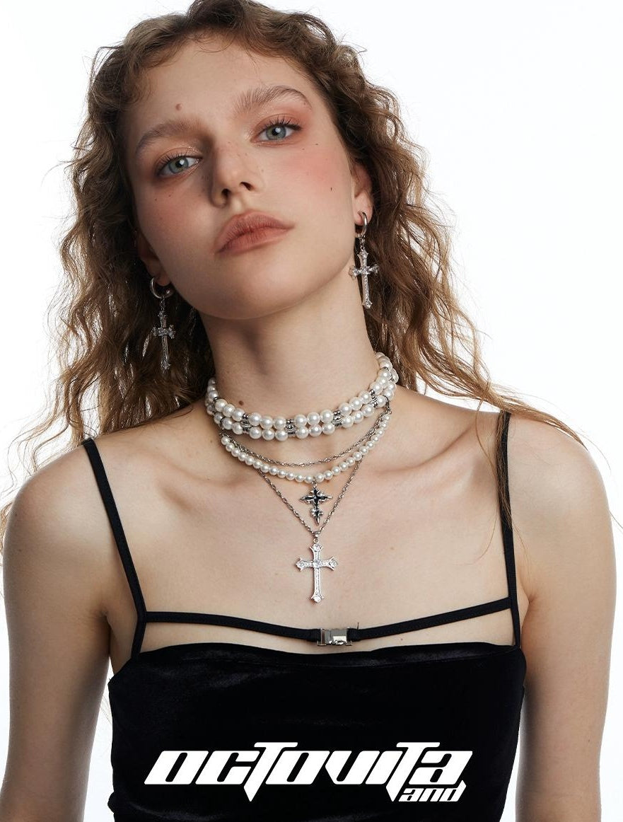 Triple Layer Pearl Cross Necklace