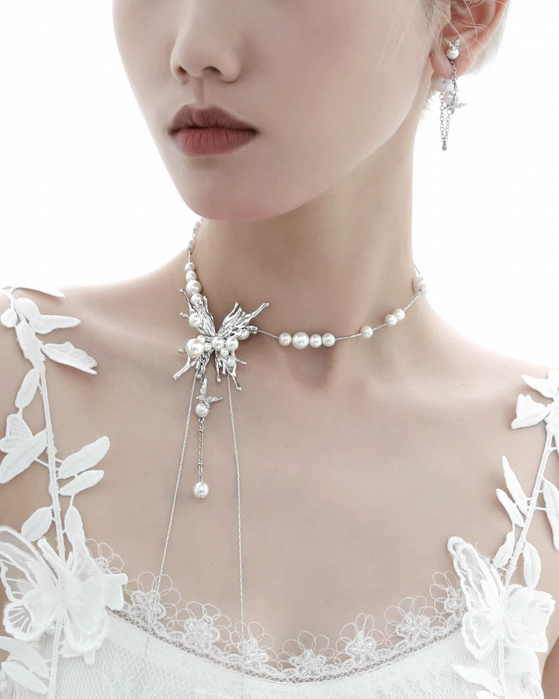 [1ST XULIE] Butterfly Bubble Pearl Tassel Necklace pg249