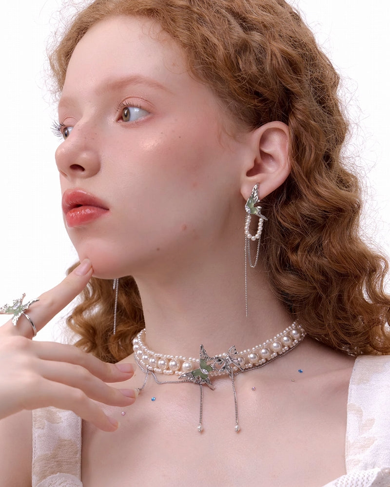 【SUMIYAKI】Mint Green Butterfly Tassel Earrings pg1221