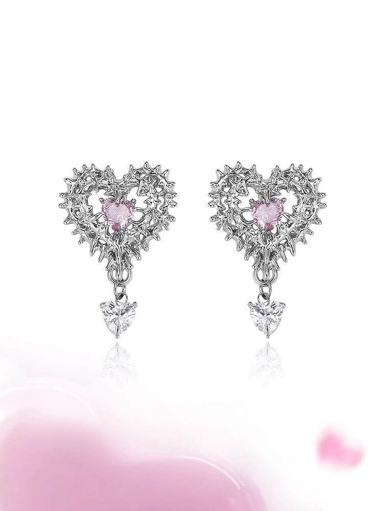 Pink Heart Spiked Thorn Earrings 01