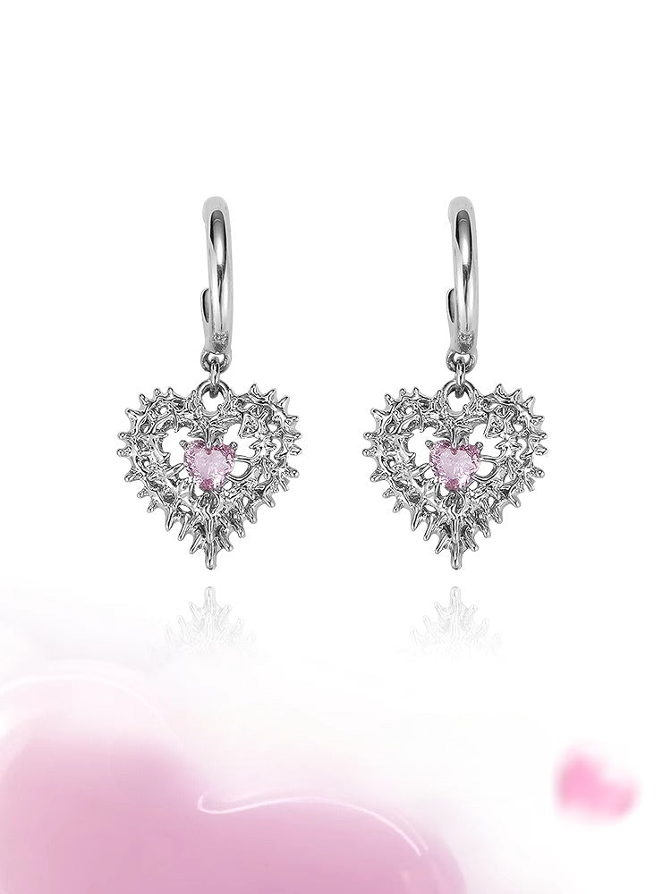 Pink Heart Spiked Thorn Earrings 02
