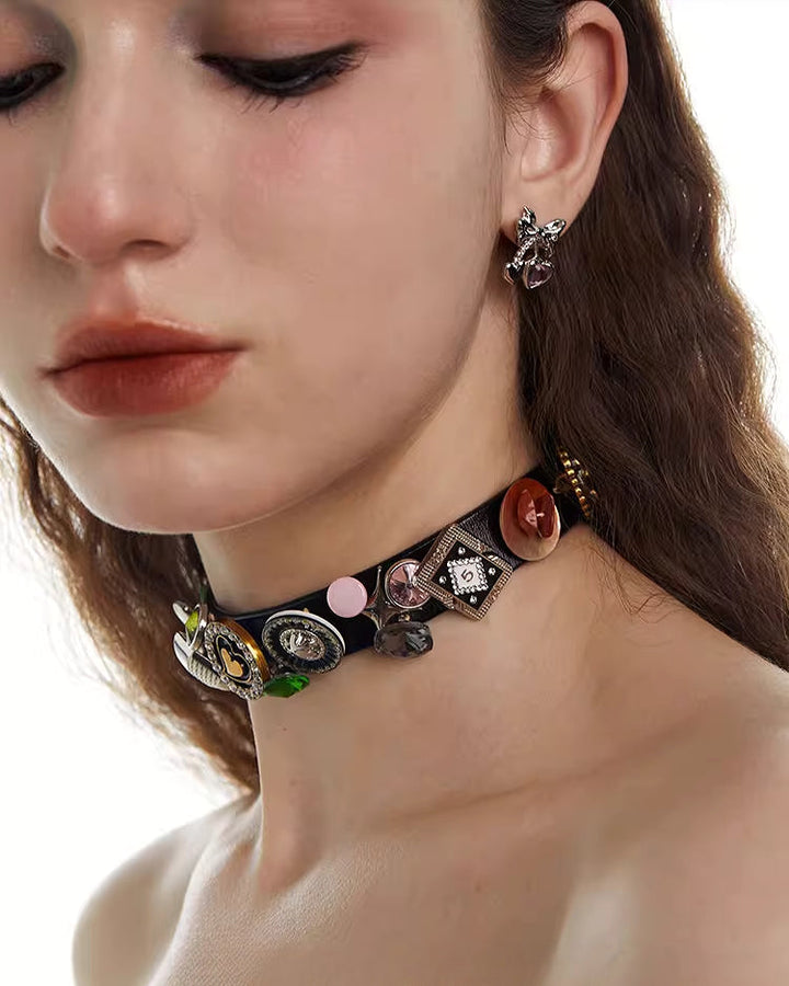 【OCTO VITA】Leather Rose Colorful Button Choker pg1067