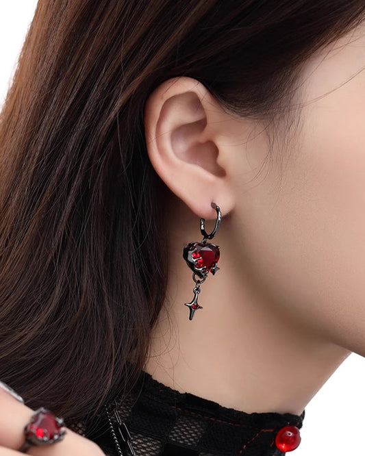Pomegranate Red Heart Asymmetrical Earrings