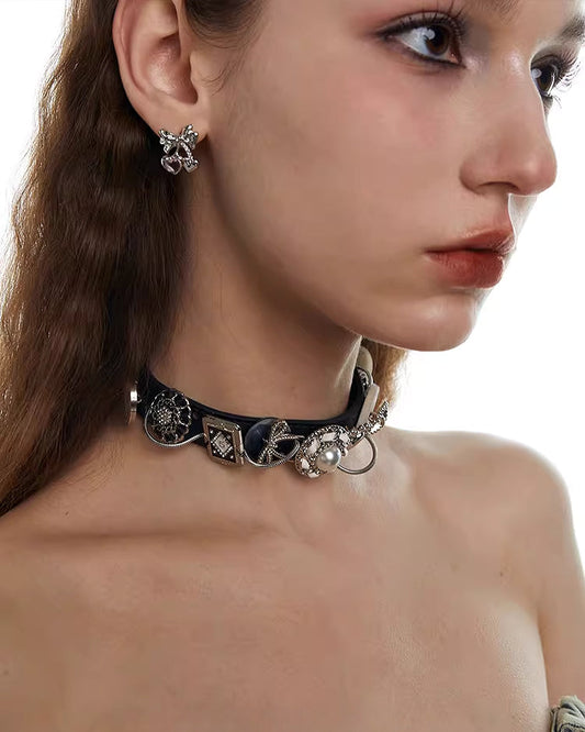 [OCTO VITA] Leather Rose Belt Button Choker pg1064