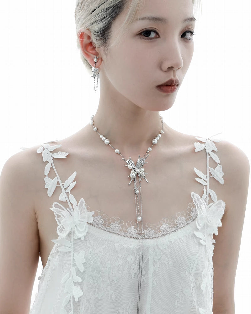 [1ST XULIE] Butterfly Bubble Pearl Tassel Necklace pg249