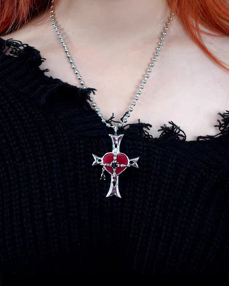 【OCTO VITA】Evil Girl Crazy Flower Cross Heart Necklace pg697