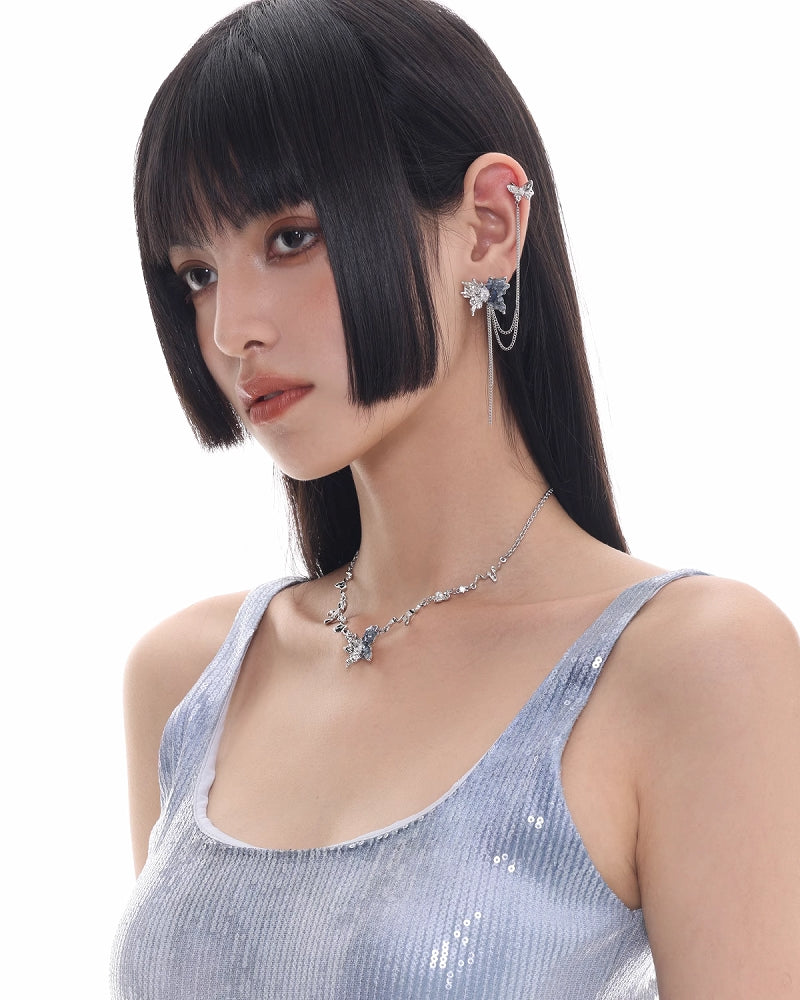 【SUMIYAKI】Galaxy Butterfly Asymmetric Tassel Cuff & Earrings pg860