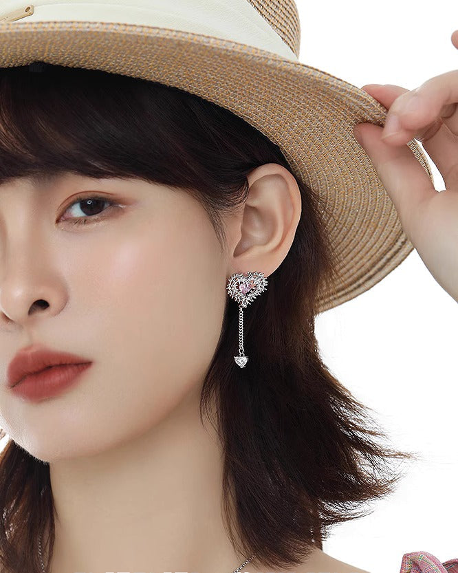 Pink Heart Spiked Thorn Asymmetrical Earrings