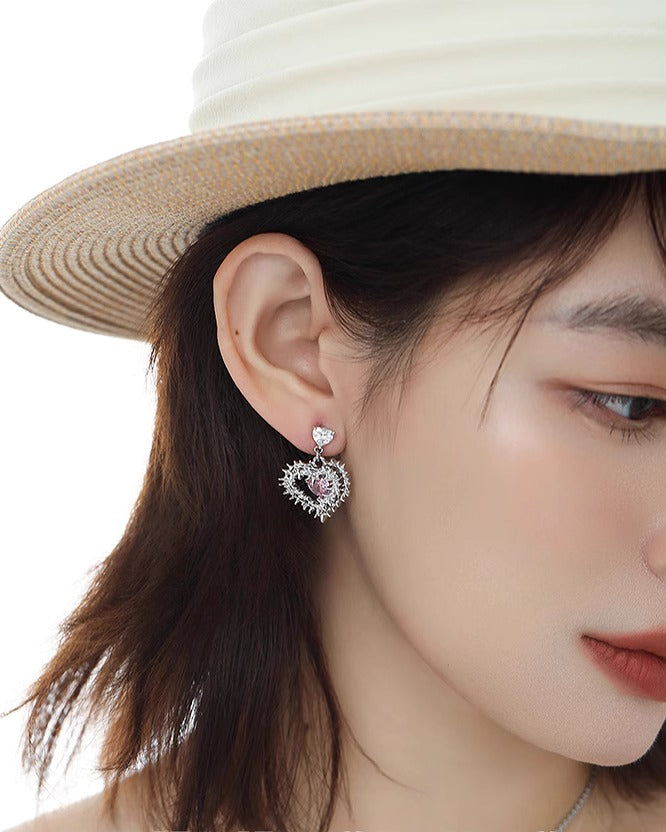 Pink Heart Spiked Thorn Asymmetrical Earrings