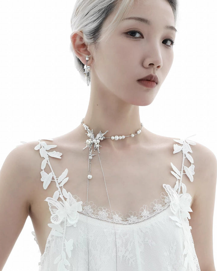 [1ST XULIE] Butterfly Bubble Pearl Tassel Necklace pg249