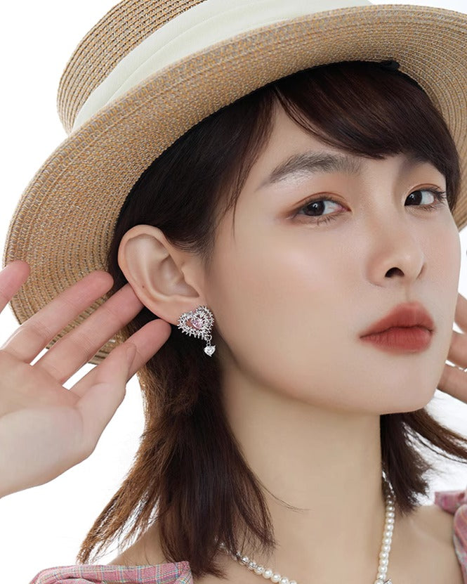 Pink Heart Spiked Thorn Earrings 01