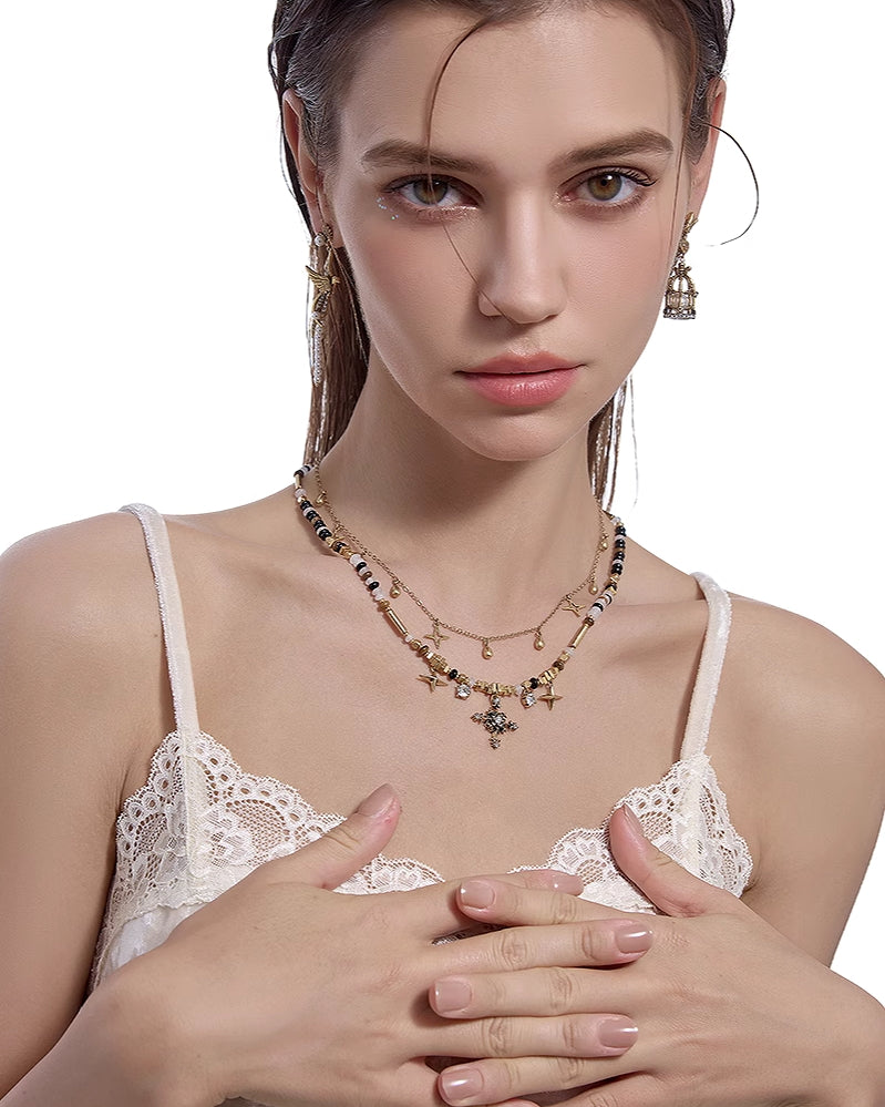 [MASW] Nostalgia Beaded Cross Layer Necklace pg1278