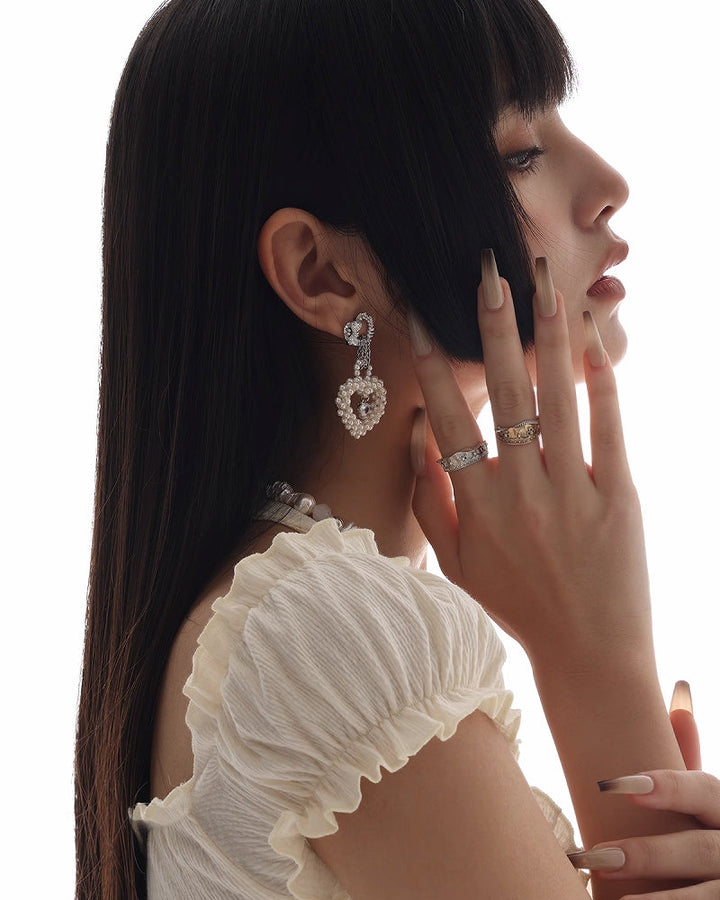 【SUMIYAKI】Cream Heart Love Pearl Earrings pg468