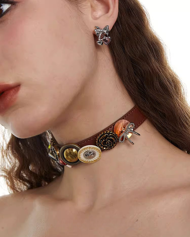 [OCTO VITA] Leather Rose Orange Button Choker pg1069