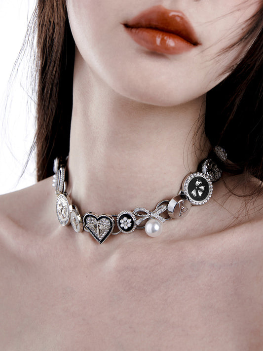 【Planktont】Black&Silver Button Necklace pg208