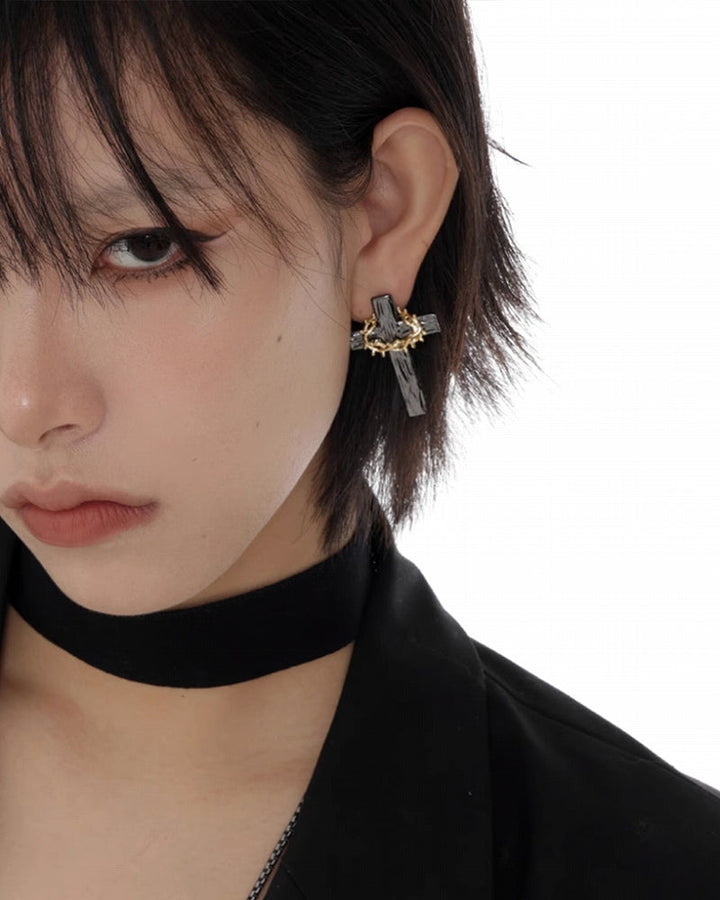 【SUMIYAKI】Thorn Cross With Thorn Crown Earrings pg1880