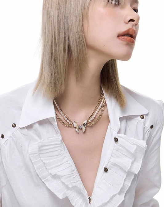 [SUMIYAKI] Butterfly Rose Pearl Layer Necklace pg343