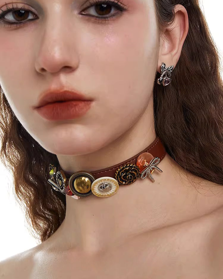 [OCTO VITA] Leather Rose Orange Button Choker pg1069